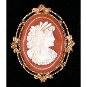 Vintage Victorian Carved Shell Cameo Brooch Gold Tone Frame